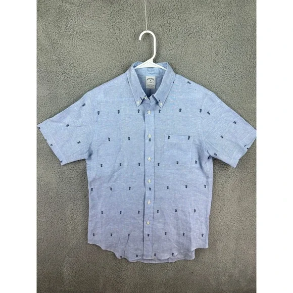 Brooks Brothers Shirt Mens Medium Blue Regent Fit Linen All Over Print Resort